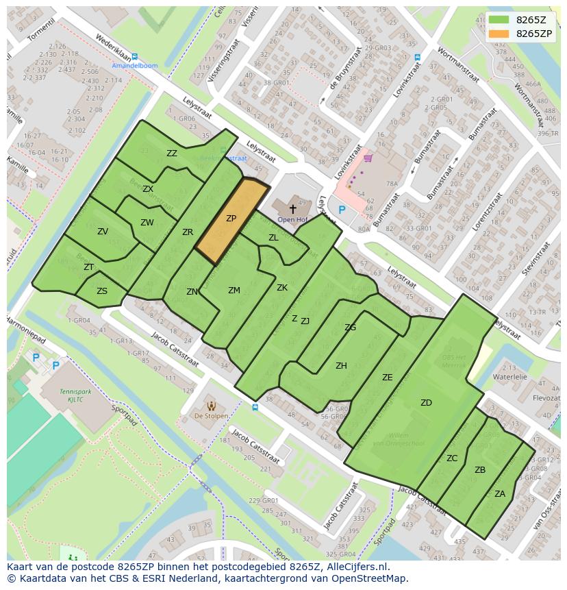 Afbeelding van het postcodegebied 8265 ZP op de kaart.