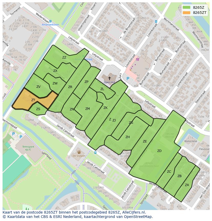 Afbeelding van het postcodegebied 8265 ZT op de kaart.