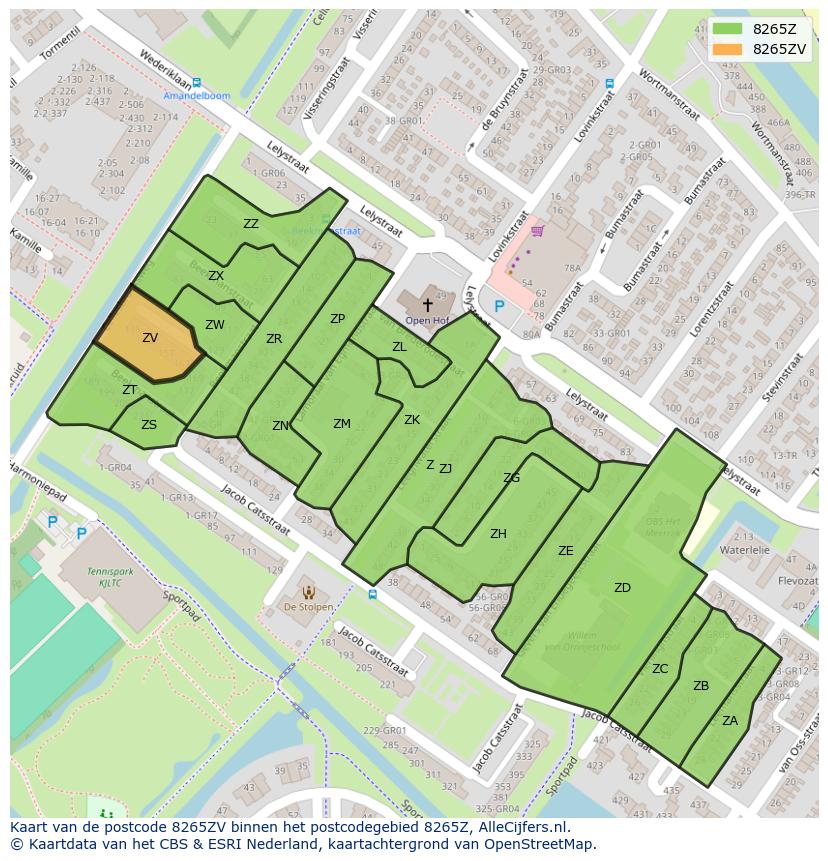 Afbeelding van het postcodegebied 8265 ZV op de kaart.