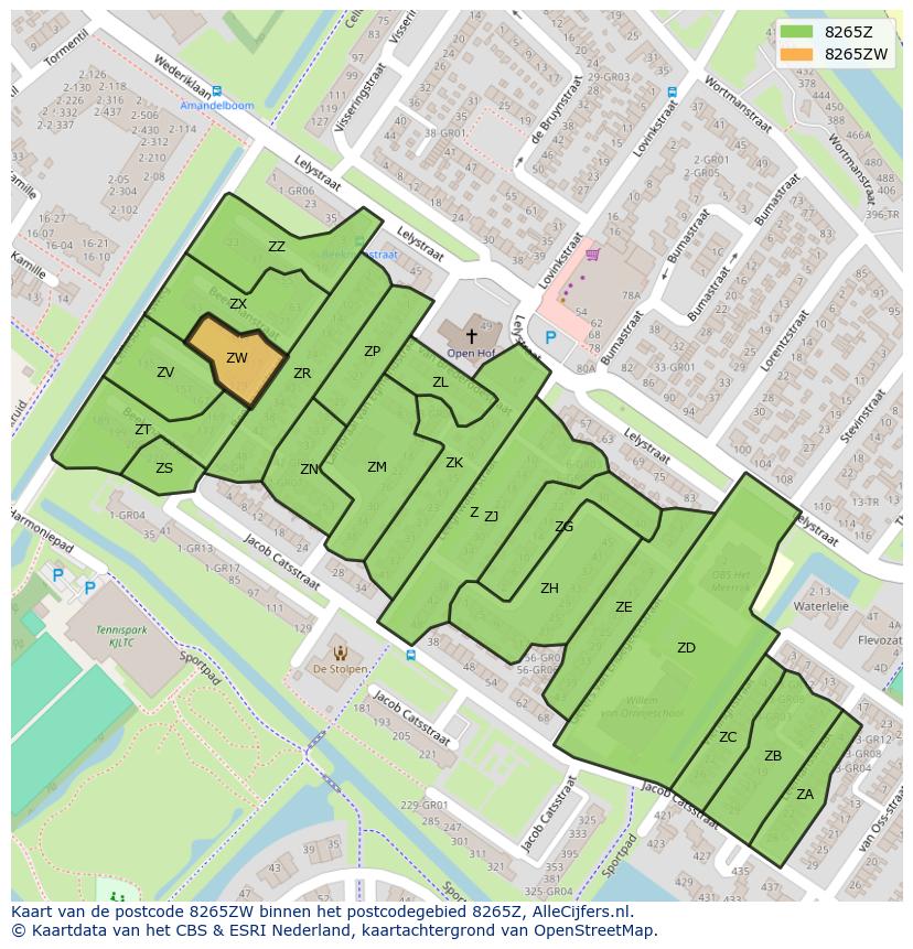 Afbeelding van het postcodegebied 8265 ZW op de kaart.