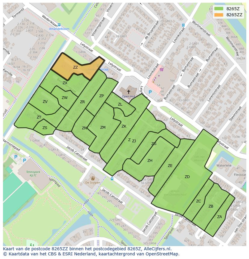 Afbeelding van het postcodegebied 8265 ZZ op de kaart.