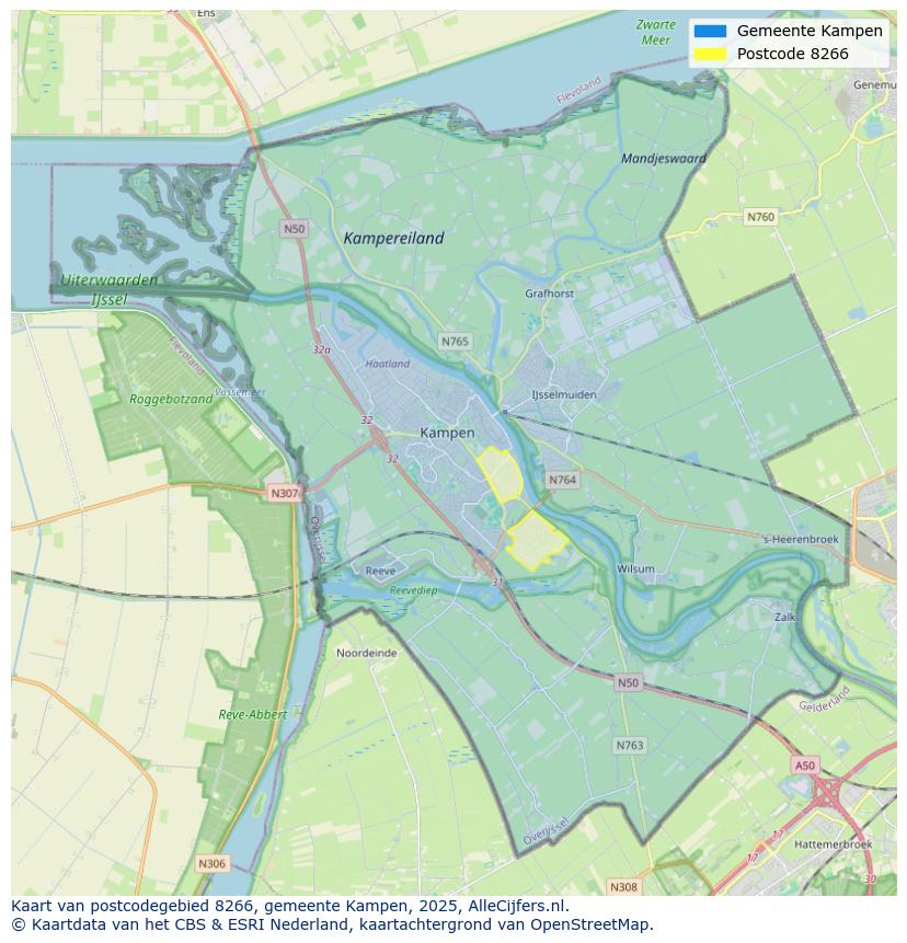 Afbeelding van het postcodegebied 8266 op de kaart.