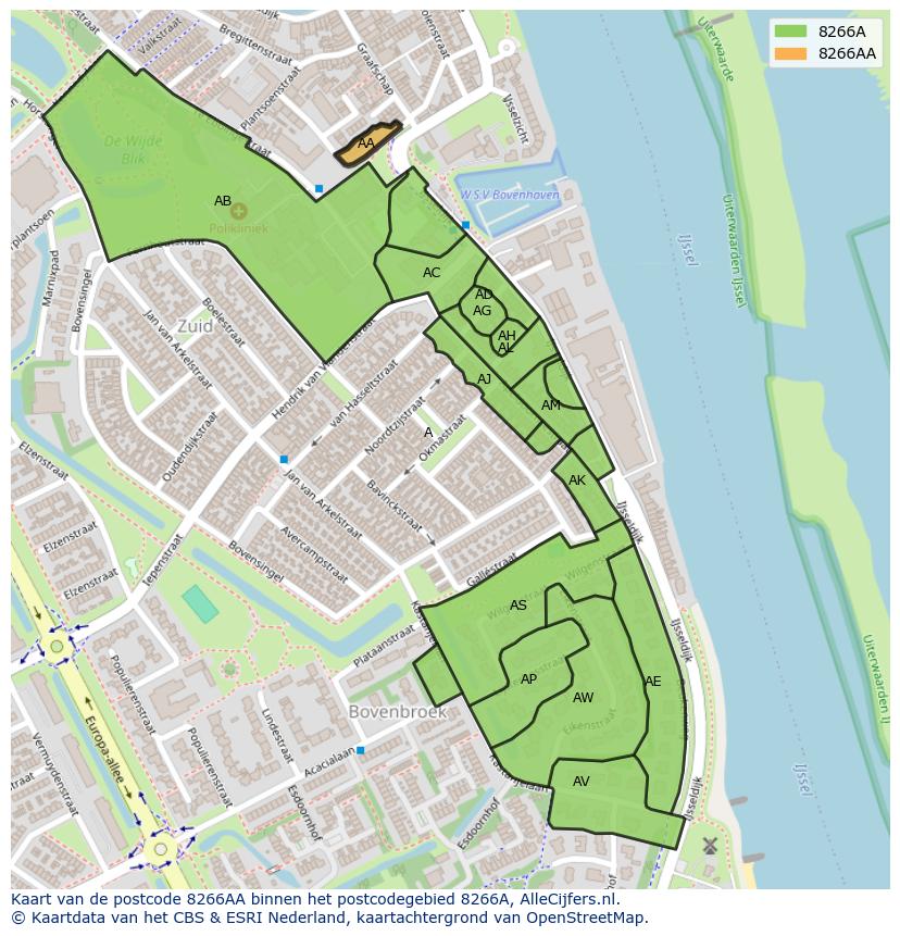 Afbeelding van het postcodegebied 8266 AA op de kaart.