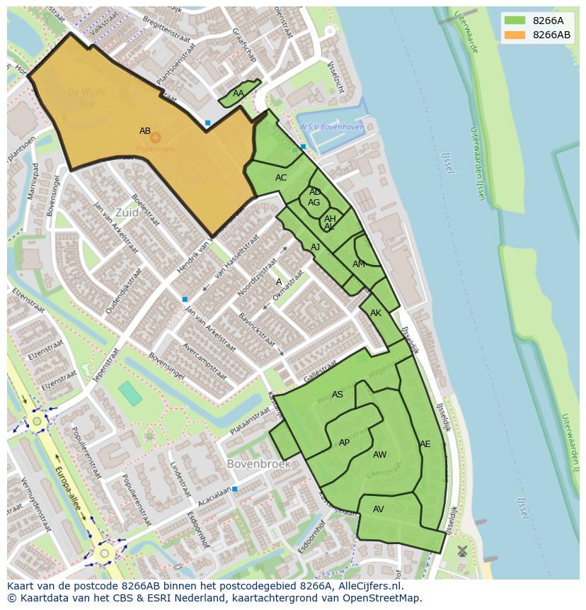 Afbeelding van het postcodegebied 8266 AB op de kaart.