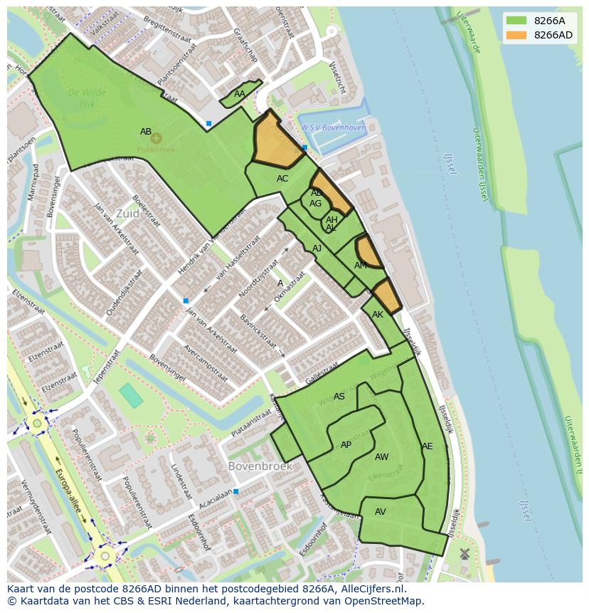 Afbeelding van het postcodegebied 8266 AD op de kaart.