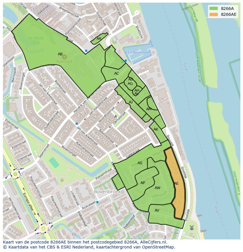 Afbeelding van het postcodegebied 8266 AE op de kaart.