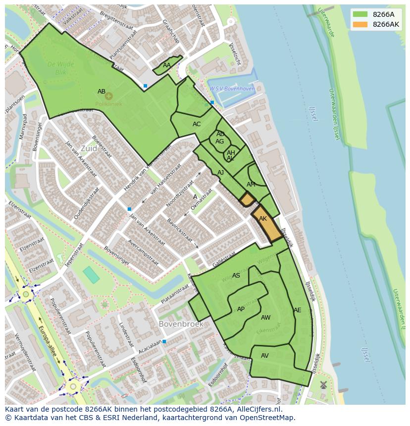 Afbeelding van het postcodegebied 8266 AK op de kaart.