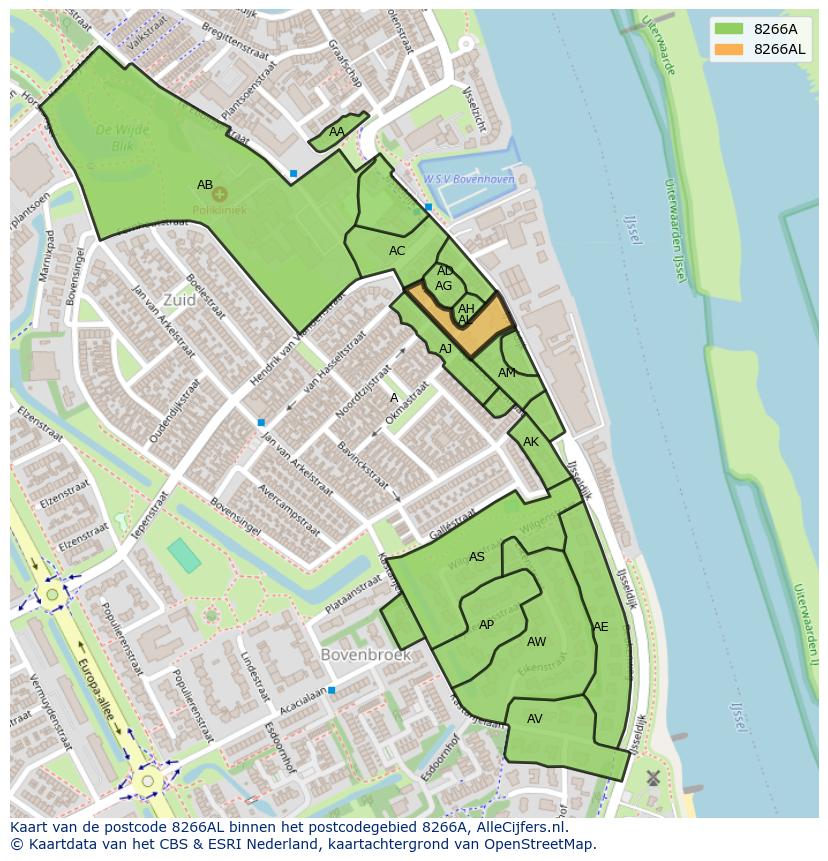Afbeelding van het postcodegebied 8266 AL op de kaart.