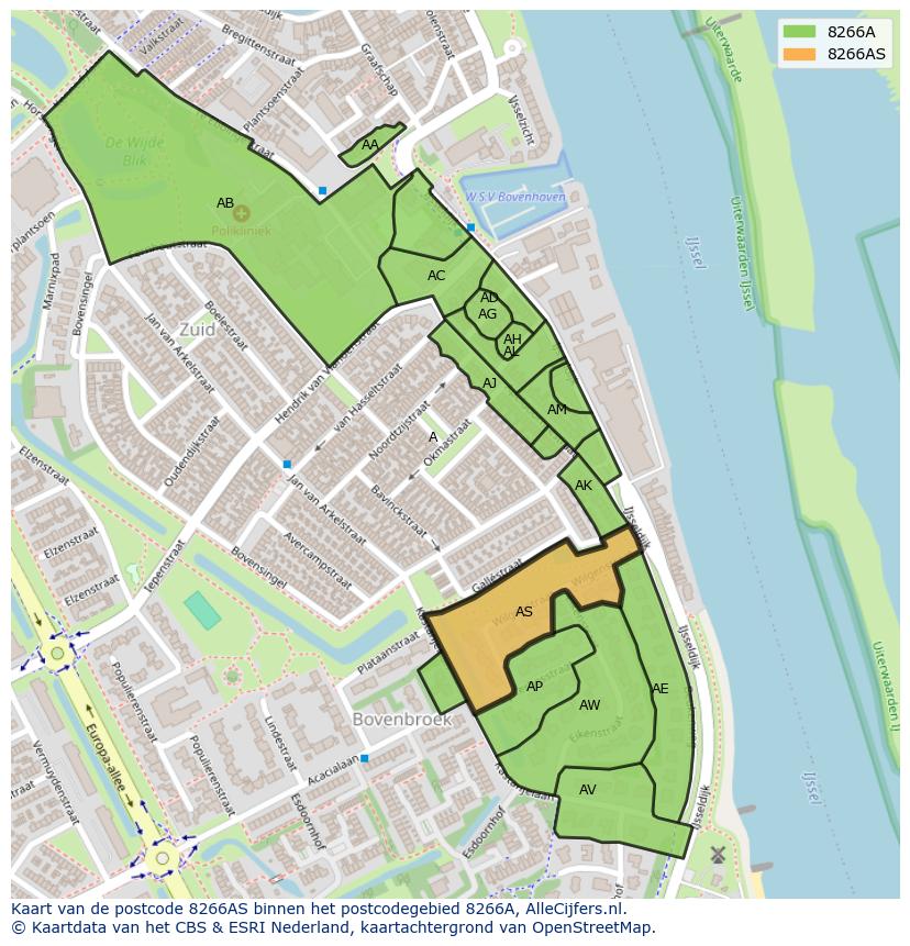 Afbeelding van het postcodegebied 8266 AS op de kaart.