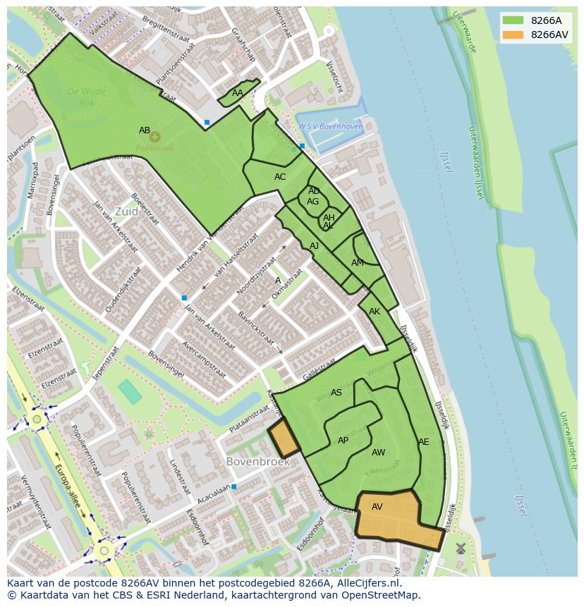 Afbeelding van het postcodegebied 8266 AV op de kaart.