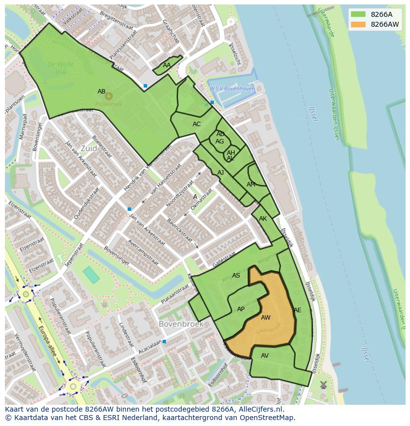 Afbeelding van het postcodegebied 8266 AW op de kaart.
