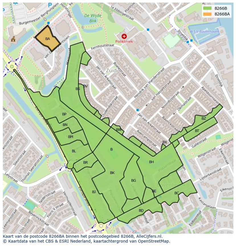 Afbeelding van het postcodegebied 8266 BA op de kaart.