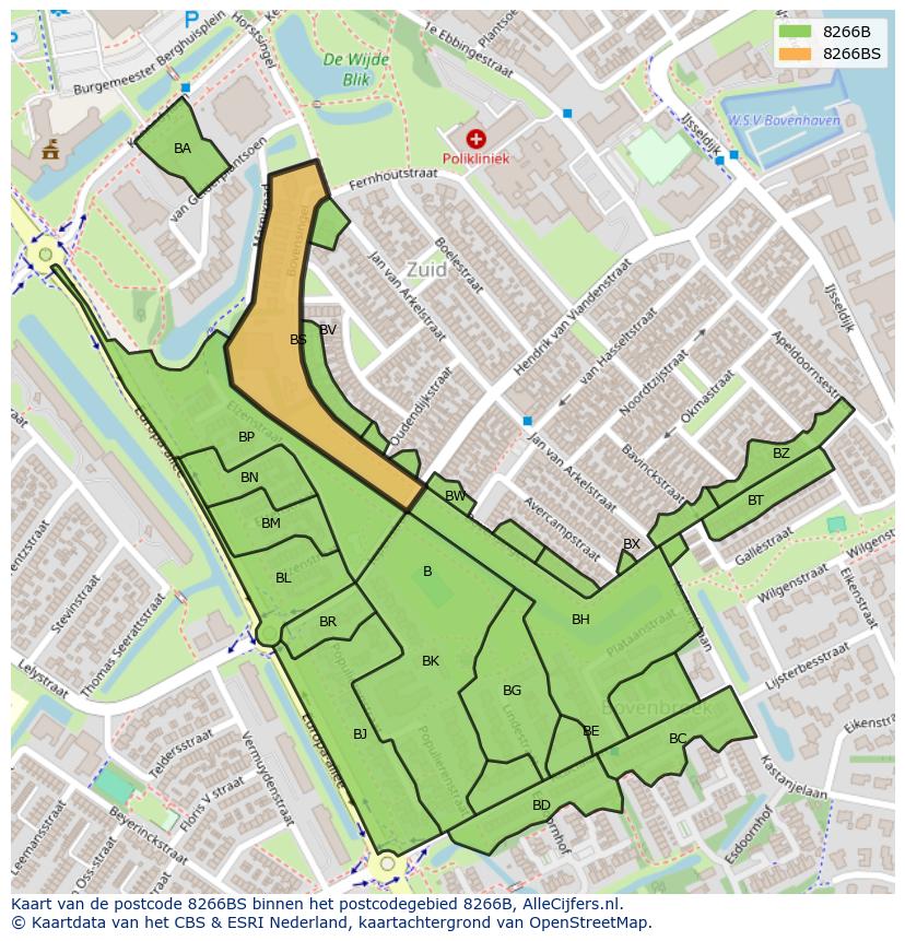 Afbeelding van het postcodegebied 8266 BS op de kaart.