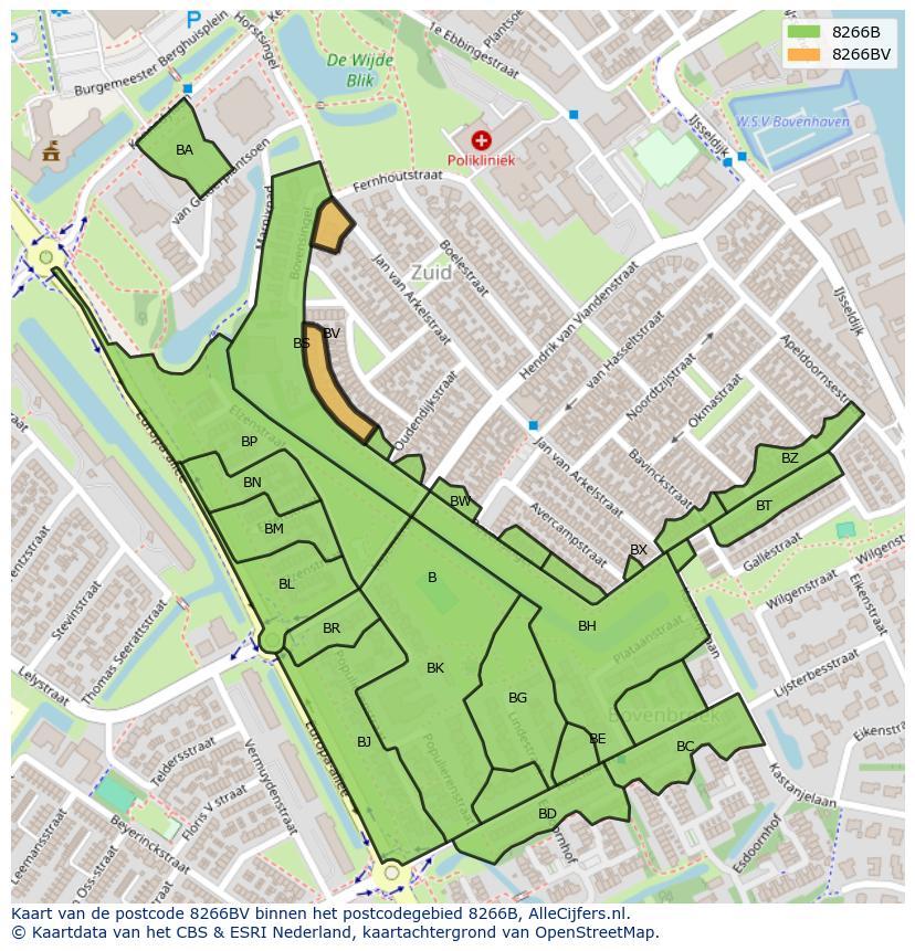 Afbeelding van het postcodegebied 8266 BV op de kaart.