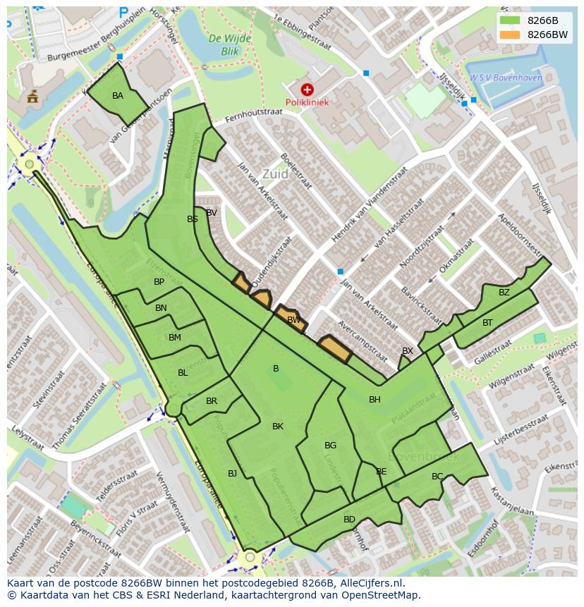 Afbeelding van het postcodegebied 8266 BW op de kaart.