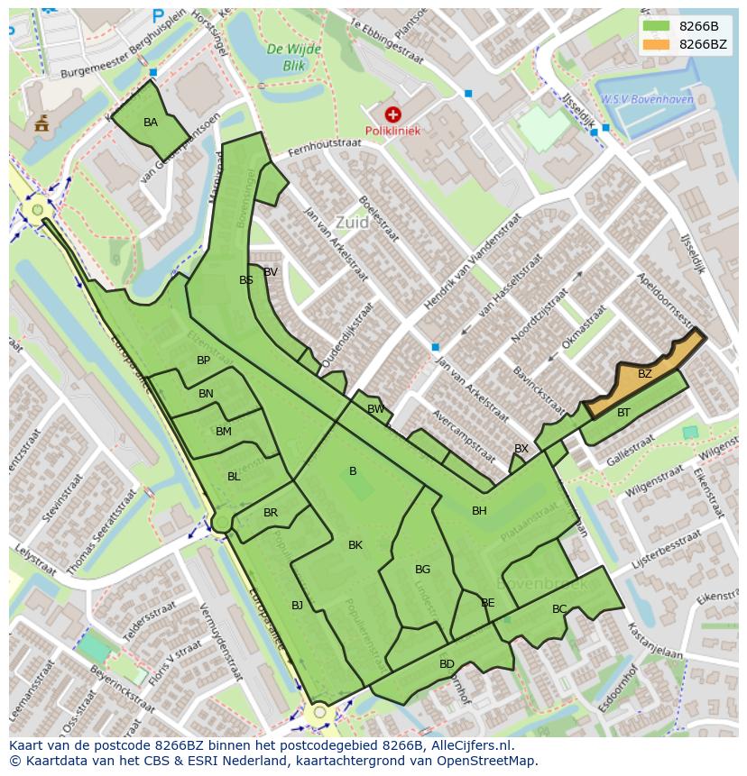 Afbeelding van het postcodegebied 8266 BZ op de kaart.
