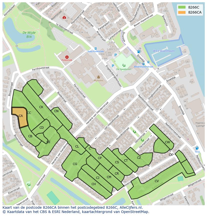 Afbeelding van het postcodegebied 8266 CA op de kaart.