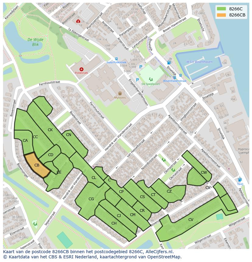 Afbeelding van het postcodegebied 8266 CB op de kaart.