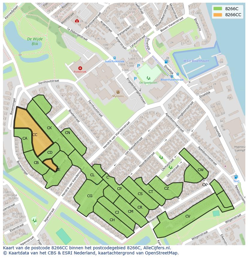 Afbeelding van het postcodegebied 8266 CC op de kaart.