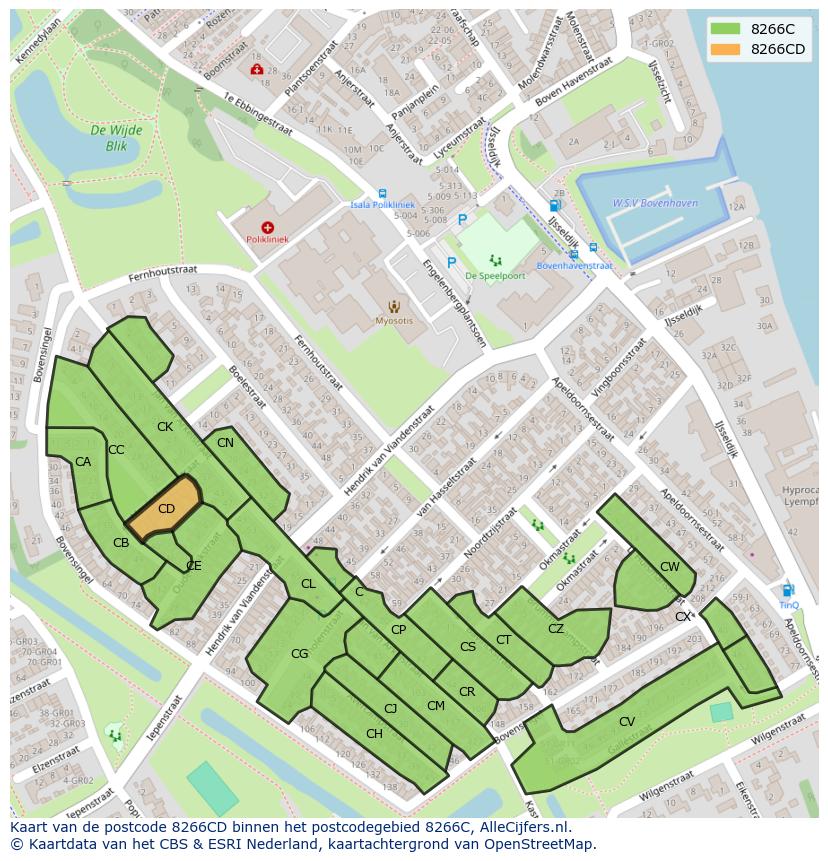 Afbeelding van het postcodegebied 8266 CD op de kaart.