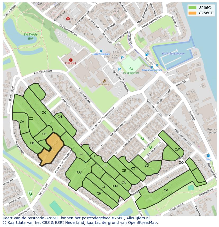 Afbeelding van het postcodegebied 8266 CE op de kaart.