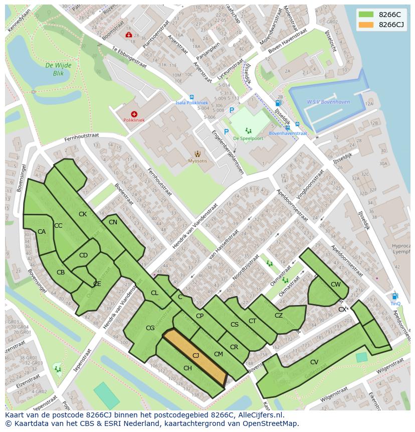 Afbeelding van het postcodegebied 8266 CJ op de kaart.