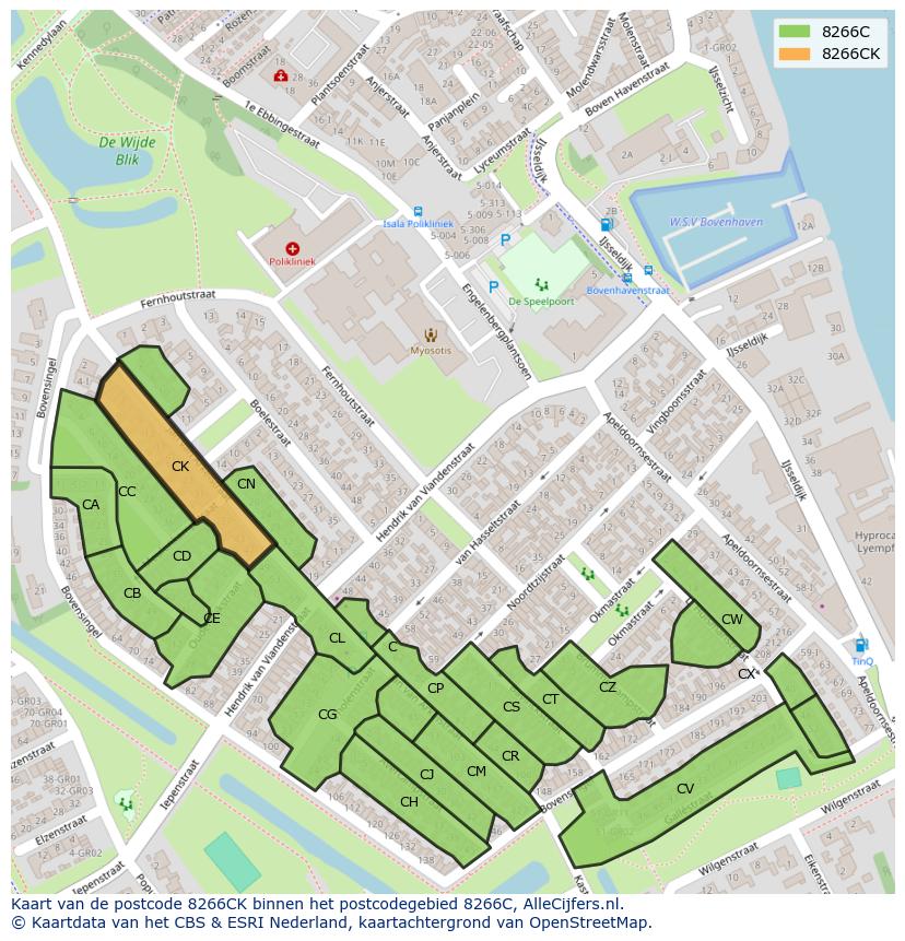 Afbeelding van het postcodegebied 8266 CK op de kaart.