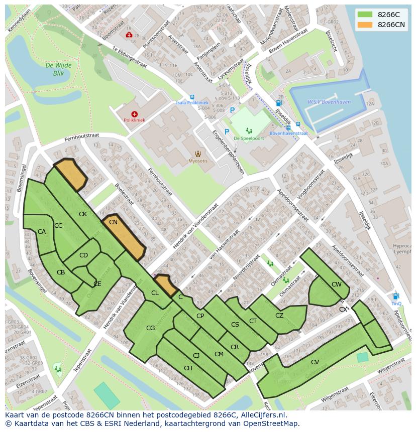 Afbeelding van het postcodegebied 8266 CN op de kaart.
