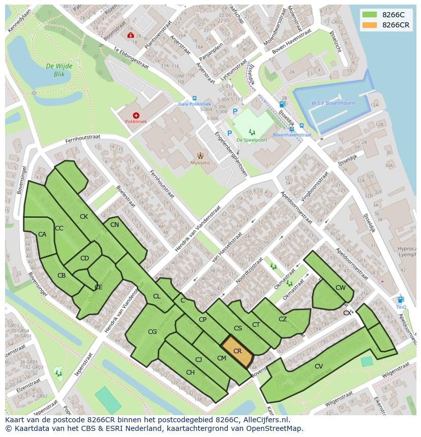 Afbeelding van het postcodegebied 8266 CR op de kaart.