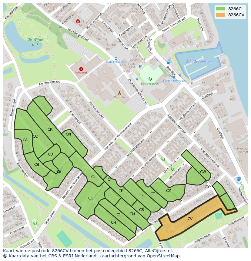 Afbeelding van het postcodegebied 8266 CV op de kaart.
