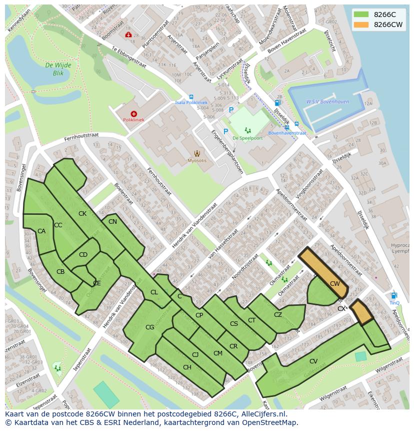 Afbeelding van het postcodegebied 8266 CW op de kaart.