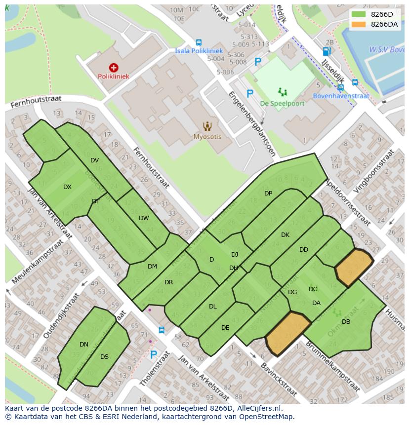 Afbeelding van het postcodegebied 8266 DA op de kaart.