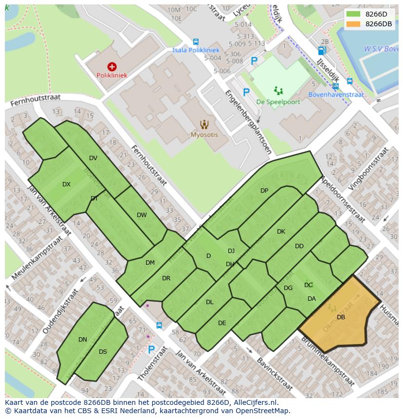 Afbeelding van het postcodegebied 8266 DB op de kaart.