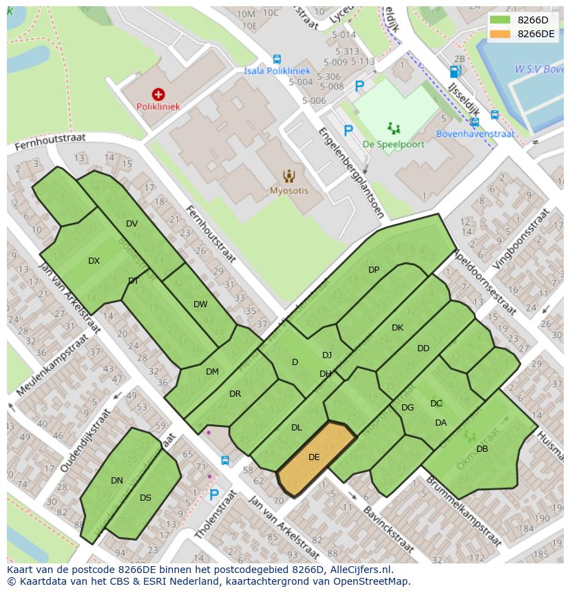 Afbeelding van het postcodegebied 8266 DE op de kaart.