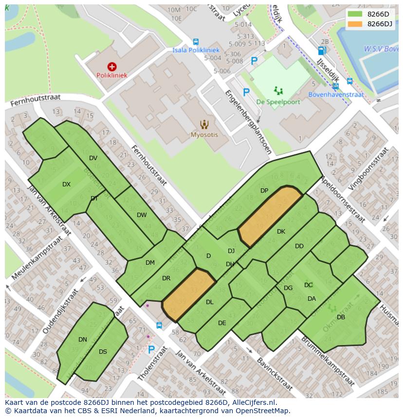Afbeelding van het postcodegebied 8266 DJ op de kaart.