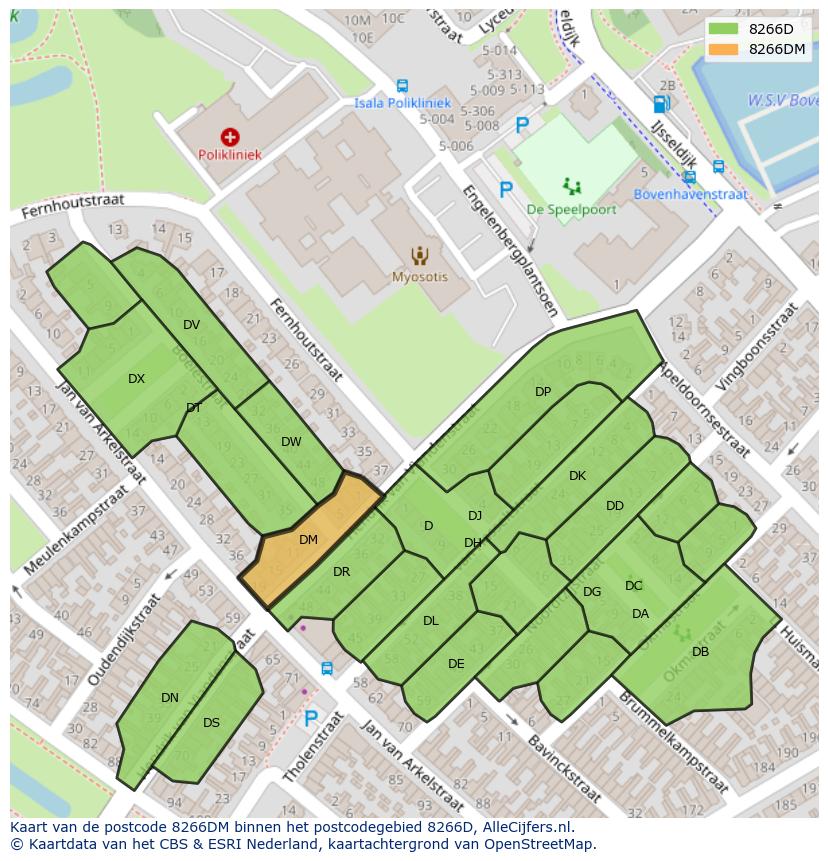 Afbeelding van het postcodegebied 8266 DM op de kaart.