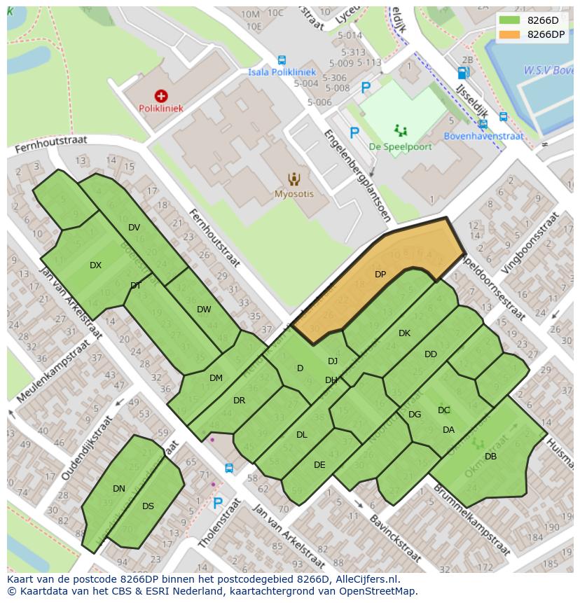 Afbeelding van het postcodegebied 8266 DP op de kaart.