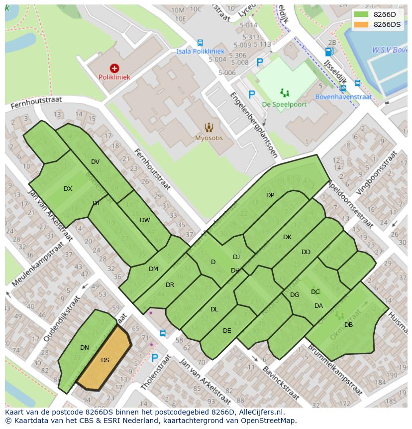 Afbeelding van het postcodegebied 8266 DS op de kaart.