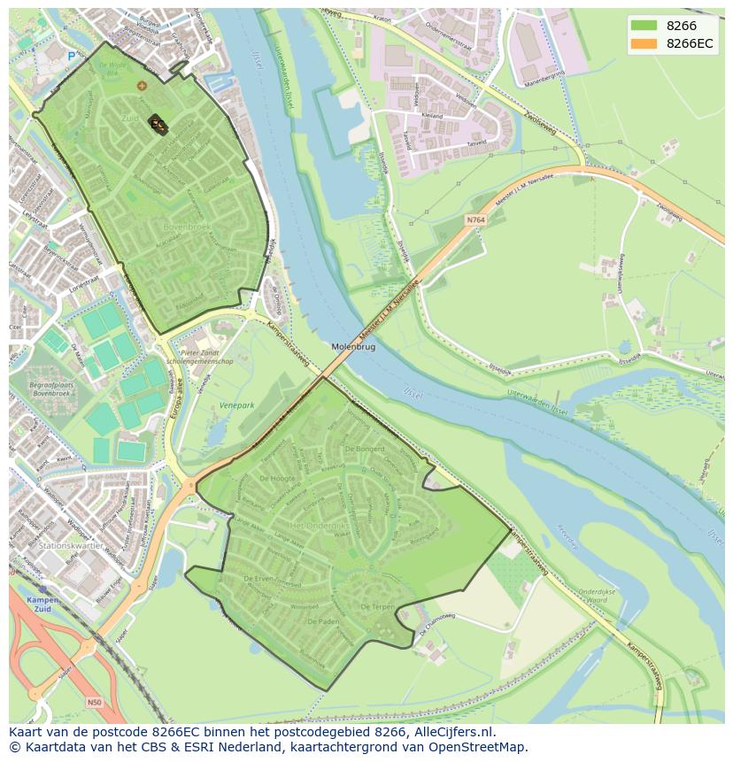 Afbeelding van het postcodegebied 8266 EC op de kaart.