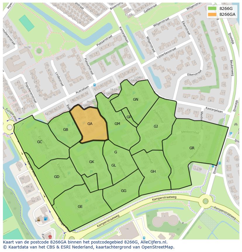 Afbeelding van het postcodegebied 8266 GA op de kaart.