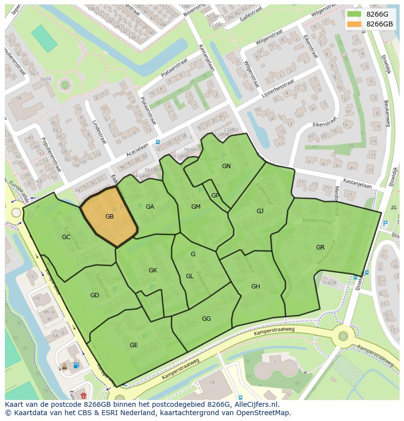 Afbeelding van het postcodegebied 8266 GB op de kaart.
