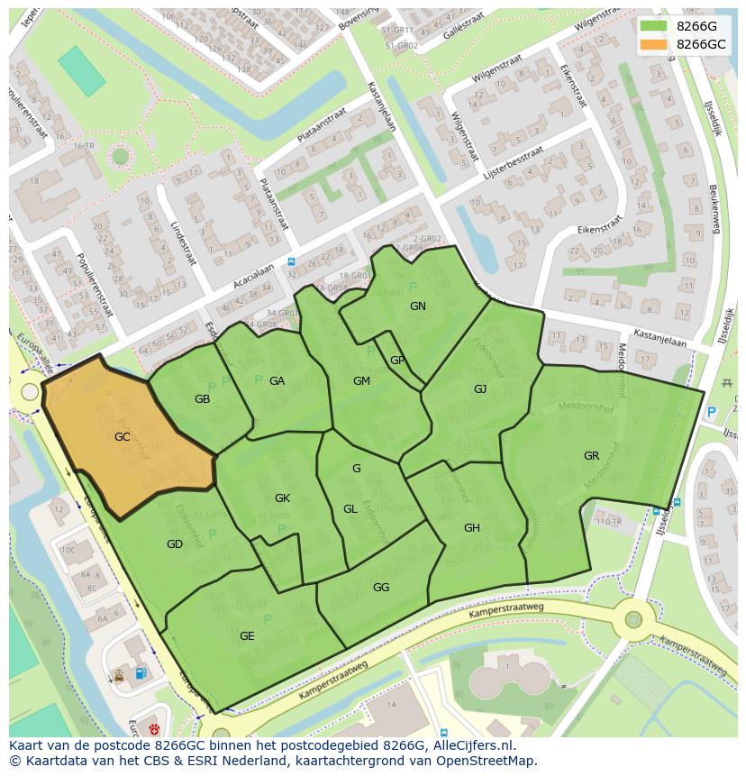 Afbeelding van het postcodegebied 8266 GC op de kaart.