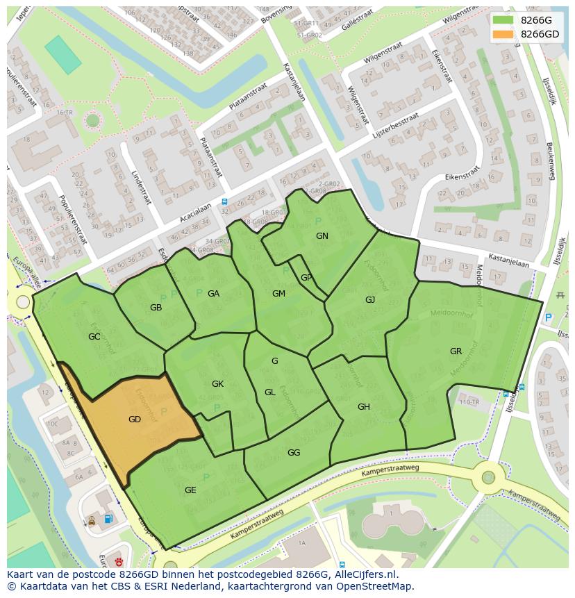 Afbeelding van het postcodegebied 8266 GD op de kaart.