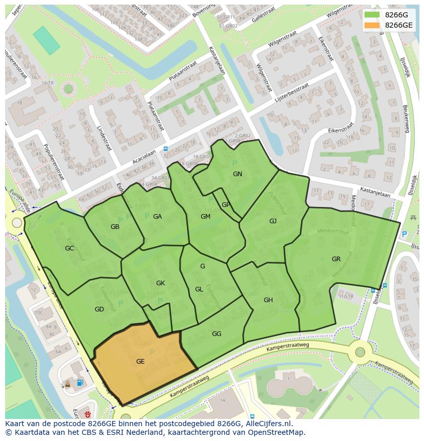 Afbeelding van het postcodegebied 8266 GE op de kaart.