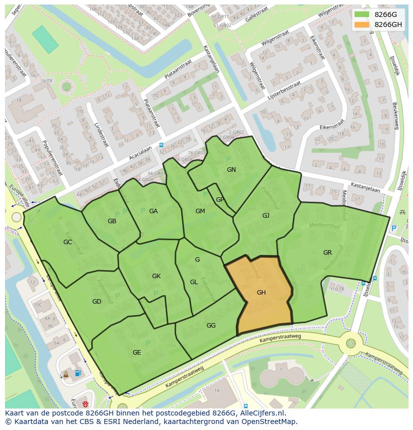 Afbeelding van het postcodegebied 8266 GH op de kaart.