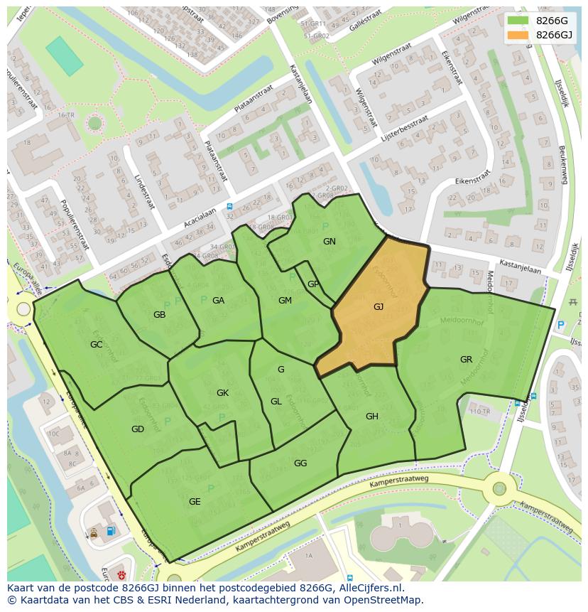 Afbeelding van het postcodegebied 8266 GJ op de kaart.