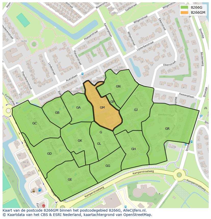 Afbeelding van het postcodegebied 8266 GM op de kaart.