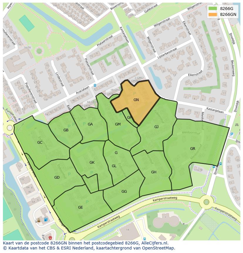 Afbeelding van het postcodegebied 8266 GN op de kaart.