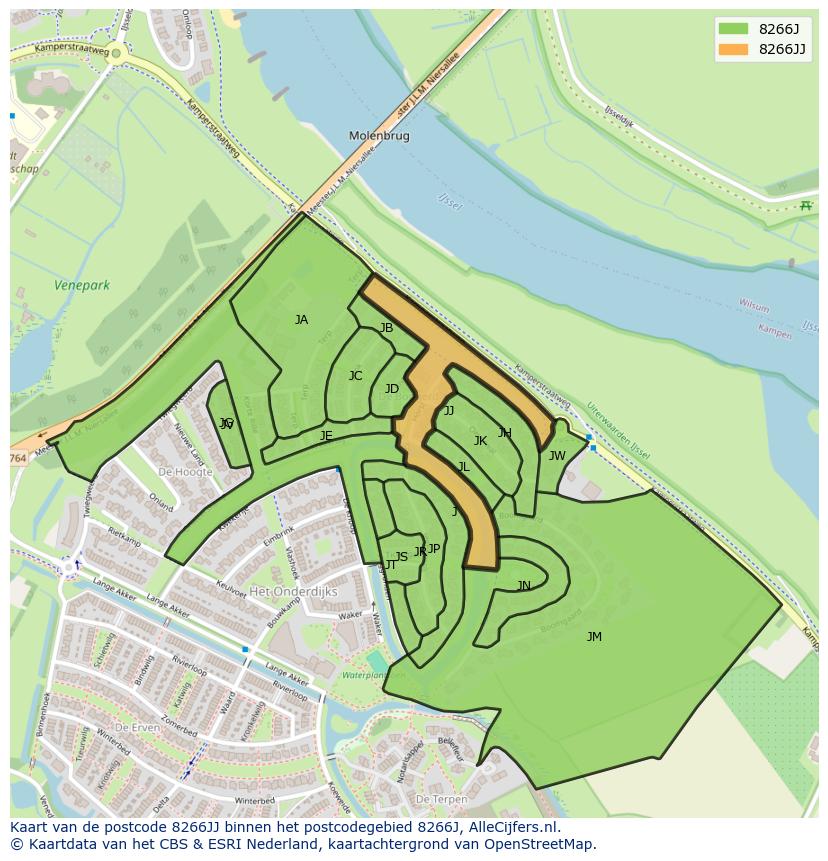 Afbeelding van het postcodegebied 8266 JJ op de kaart.