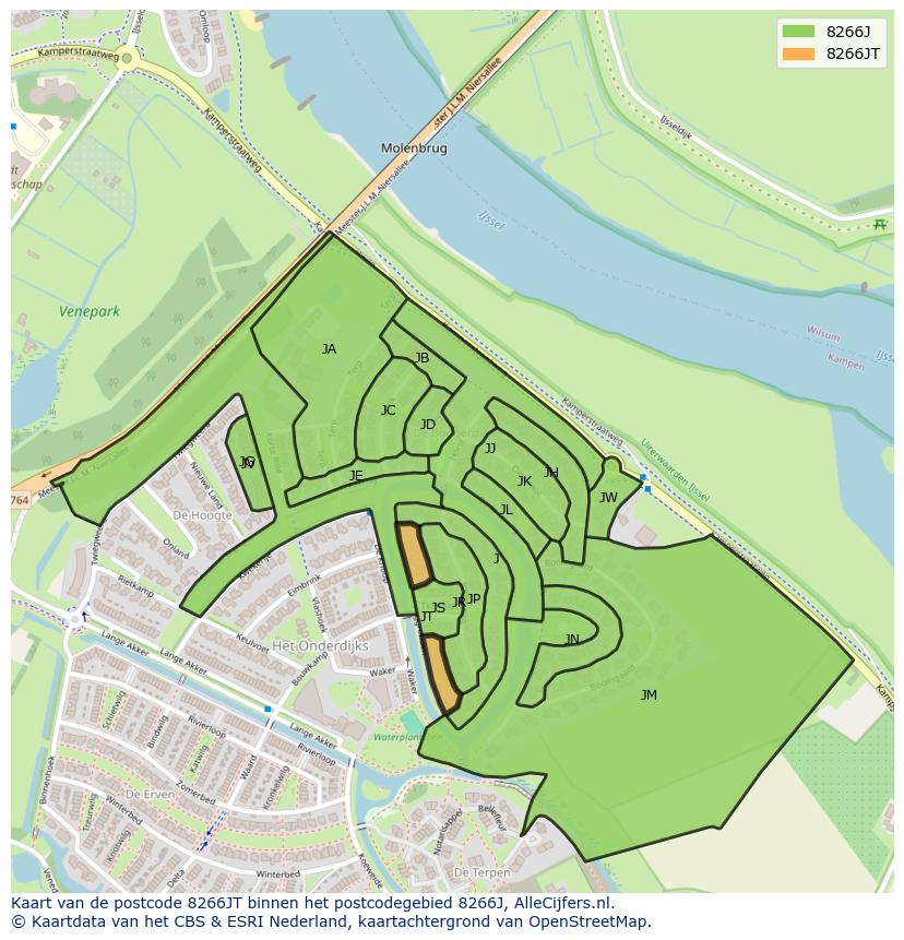 Afbeelding van het postcodegebied 8266 JT op de kaart.
